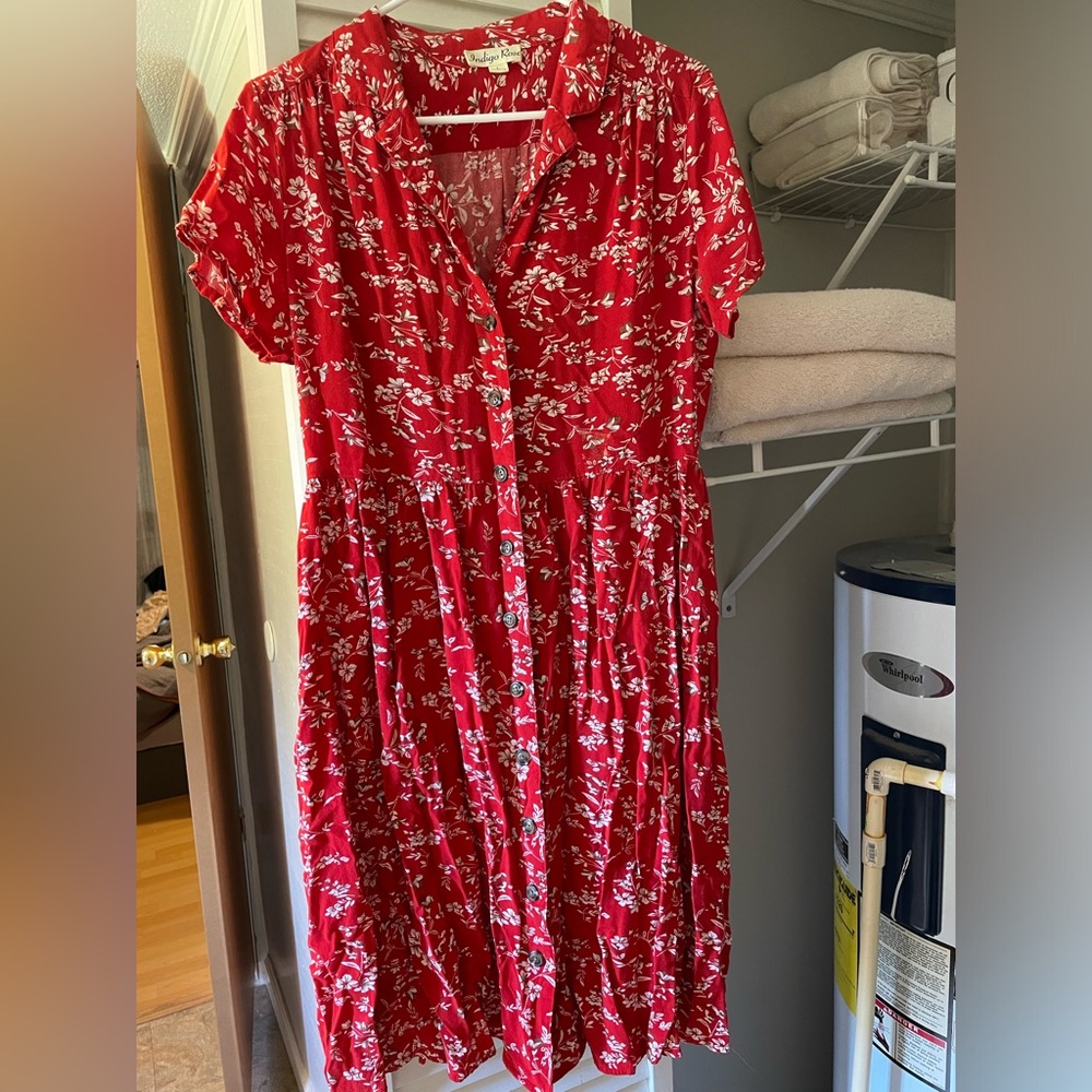 Indigo Rose Tropical Floral Red Button Down Dress